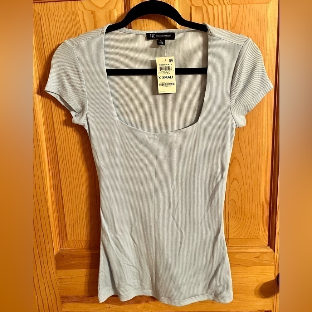 INC International Concepts Ribbed Square Scoop Neck Top Baby Blue XS NWT